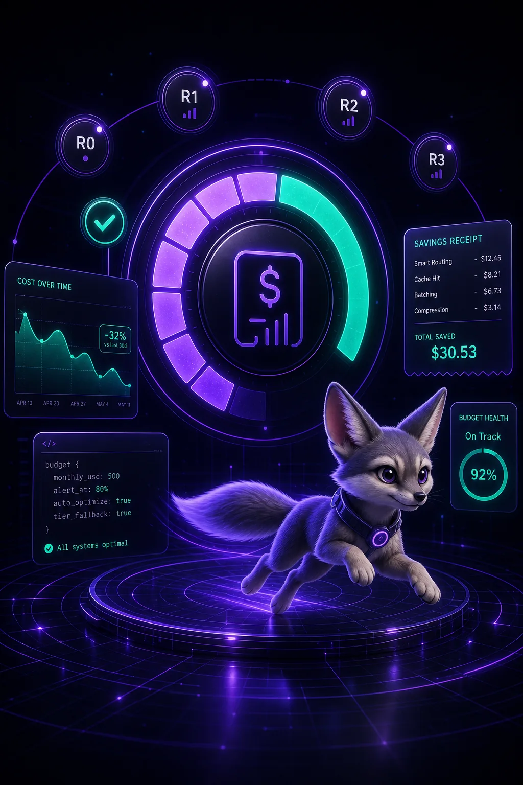 BudgetAI command center with budget meter, savings receipt, tier nodes R0–R3, and SwiftFox